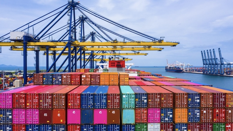 Cargo ships and containers at a global port representing supply chain logistics