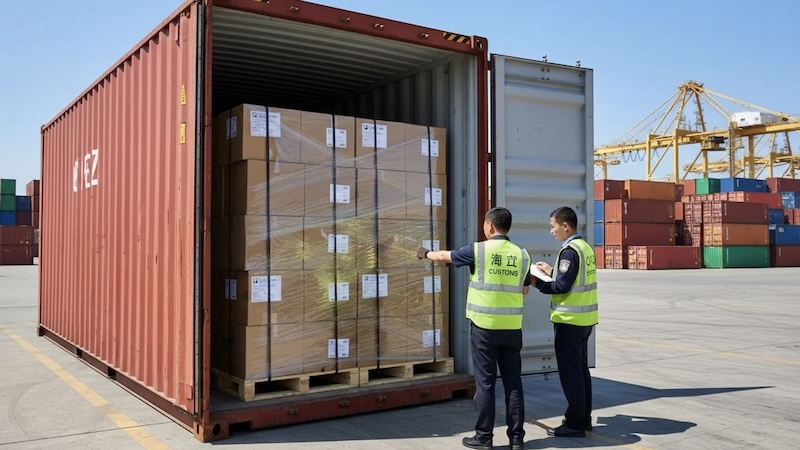 Customs officer inspecting imported goods from China