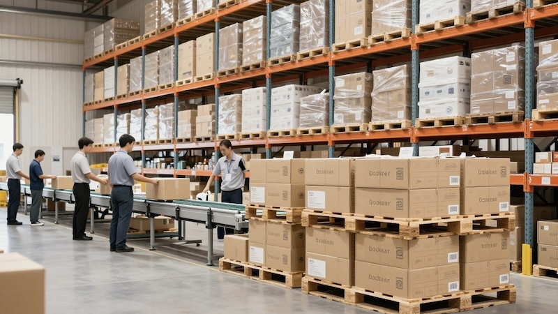 Warehouse shelves with retail products