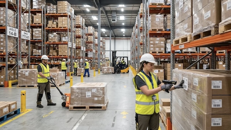 Worker scanning barcodes at warehouse