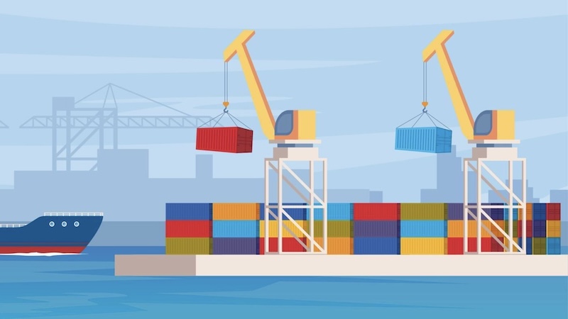 Cargo ship loading at port