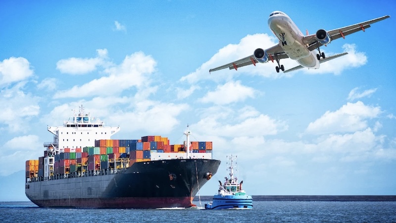 Cargo ship and airplane