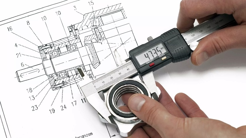 Inspector measuring metal part