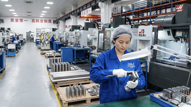 Inspector checking precision metal hardware