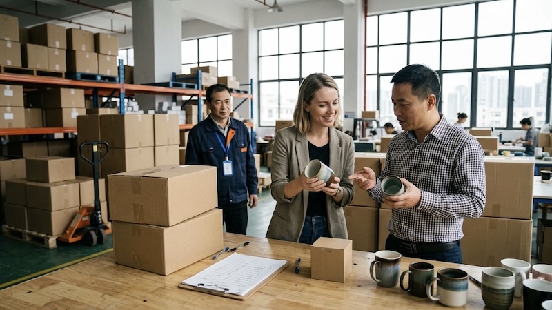 Sourcing agent visiting factory with client