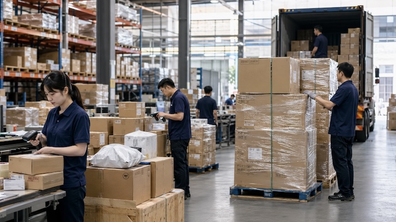 Workers repacking cartons
