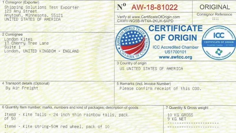 Certificate of Origin document